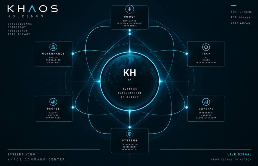 Khaos systems-intelligence map linking governance, power, technology, people, investment, and systems around a global operating picture